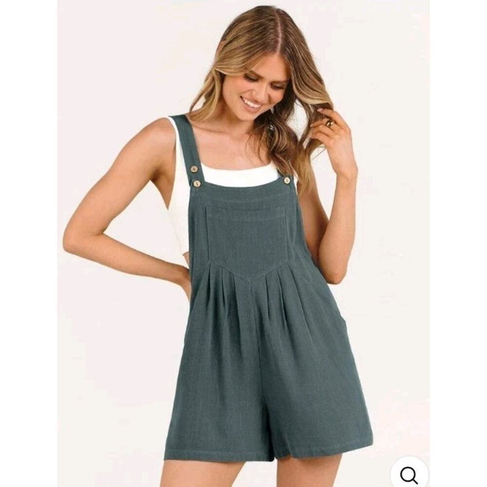 Anrabess Womens Linen Blend Short Bib Overalls Jumpsuit Romper‎ Sz S Gray Blue
